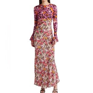 Saylor Delphine Abstract  Animal Floral Print Satin Retro Chic Maxi Dress sz XS